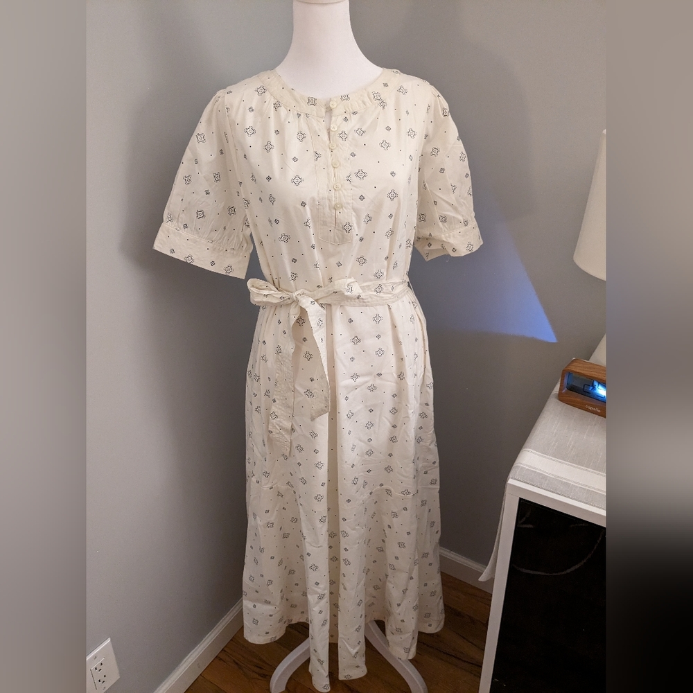 Loft - Puff Sleeve Midi Dress - Cream with Black Geometric Pattern - Size 10